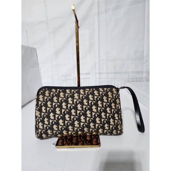 Authentic CHRISTIAN DIOR Vintage  Monogram Wristlet Clutch Navy Blue/Beige - Picture 1 of 14